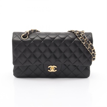 CHANEL Matelasse W flap Chain Shoulder Bag Lamb sheep leather Black Used GHW CC
