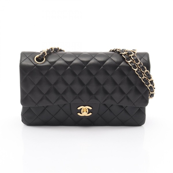 CHANEL Matelasse W flap Chain Shoulder Bag Lamb sheep leather Black Used GHW CC