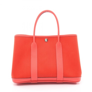 HERMES Garden Party TPM Tote Handbag Toile Military canvas leather Red SHW Used