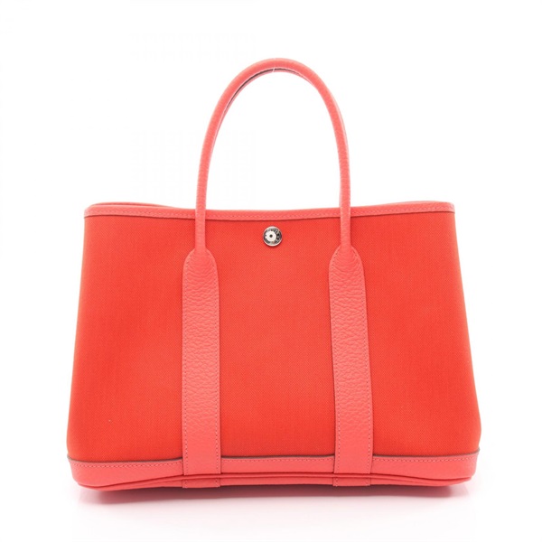 HERMES Garden Party TPM Tote Handbag Toile Military canvas leather Red SHW Used