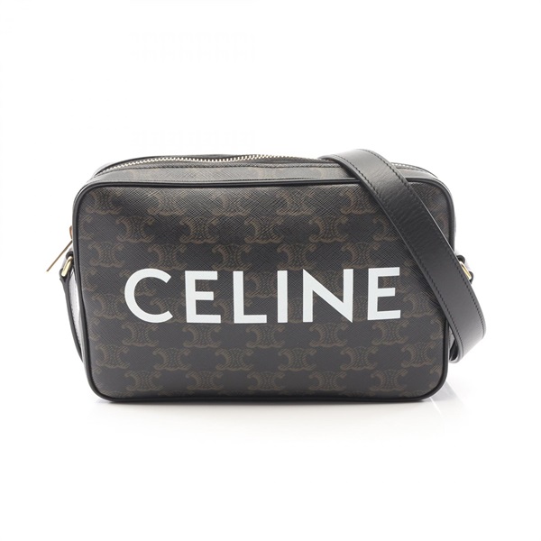 CELINE Triomphe Medium Messenger Shoulder Crosbody Bag canvas leather Black Used