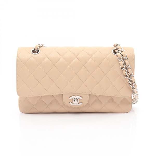 CHANEL Matelasse W flap chain Shoulder Bag Calfskin leather Beige Used SHW