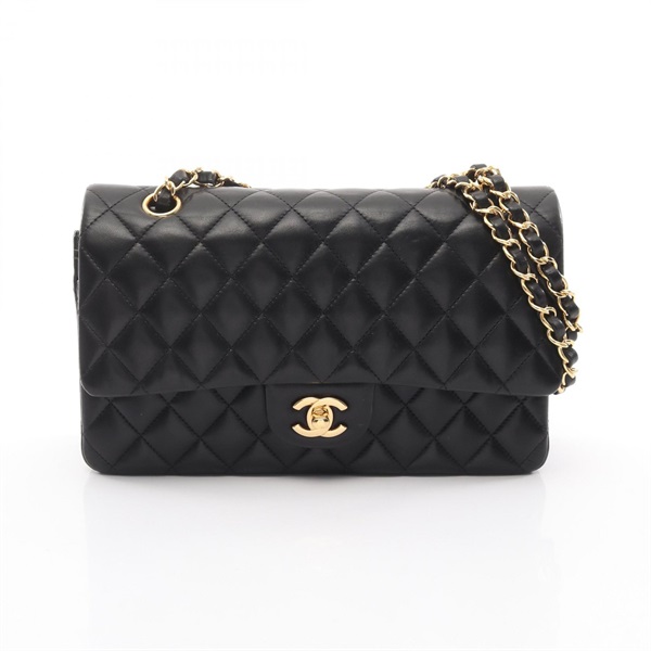 CHANEL Matelasse W flap chain Shoulder Bag Lambskin Black Used Women GHW