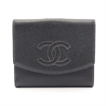 CHANEL COCO Mark Double Sided Wallet Grained calf leather Black Used Women GHW