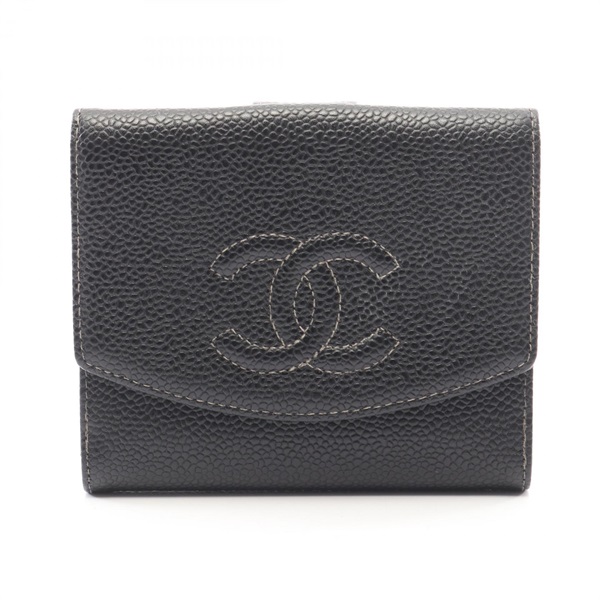 CHANEL COCO Mark Double Sided Wallet Grained calf leather Black Used Women GHW