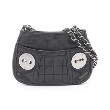 CHANEL Chocolate bar chain Shoulder Bag Grained Calfskin leather Black Used SHW