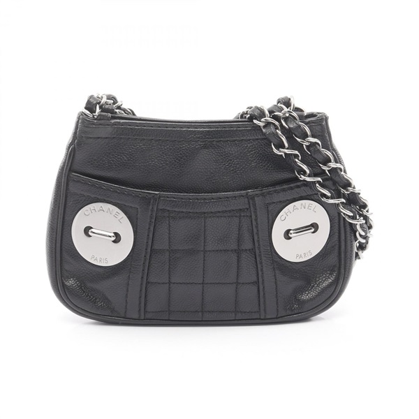 CHANEL Chocolate bar chain Shoulder Bag Grained Calfskin leather Black Used SHW
