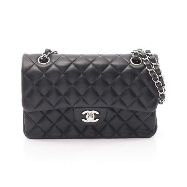 CHANEL Matelasse W flap chain Shoulder Bag Lambskin Black Used Women SHW