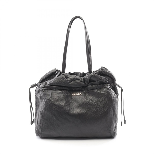 PRADA Tote shoulder drawstring Bag leather Black Used Women
