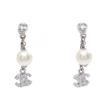 CHANEL COCO Mark Pierced earrings Stainless Steel Rhinestone Artificial pearl