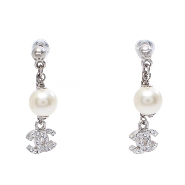 CHANEL COCO Mark Pierced earrings Stainless Steel Rhinestone Artificial pearl