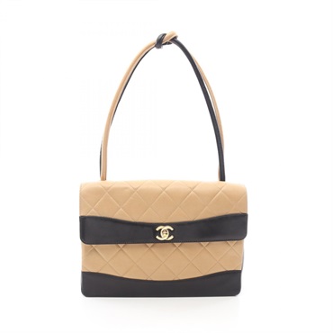 CHANEL Matelasse Bicolor Shoulder Bag Lamb sheep leather Beige Black Used GHW CC