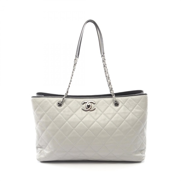 CHANEL Matelasse Tote chain shoulder Bag leather Calfskin Gray Black Used Women