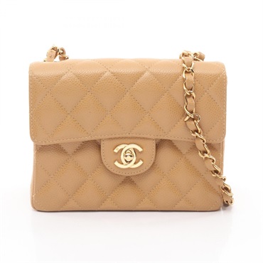 CHANEL Mini Matelasse Shoulder crossbody Bag leather Calfskin Beige Used GHW