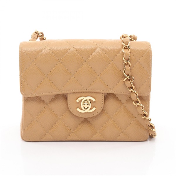 CHANEL Mini Matelasse Shoulder crossbody Bag leather Calfskin Beige Used GHW