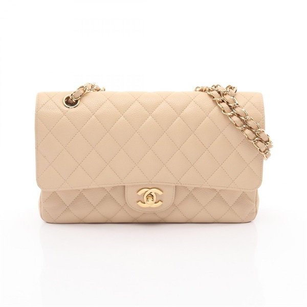CHANEL Matelasse W flap Shoulder Bag Grained Calfskin leather Beige Used GHW