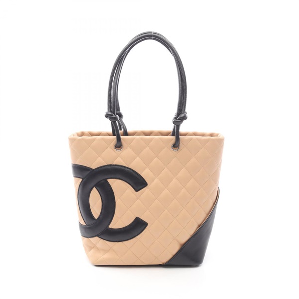 CHANEL Cambon line medium Tote Bag Patent leather Beige Black Used Women SHW