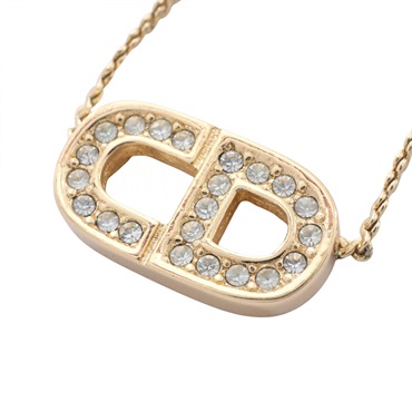 Christian Dior CD Logo Necklace Pendant Gold Plated Rhinestone Used Women