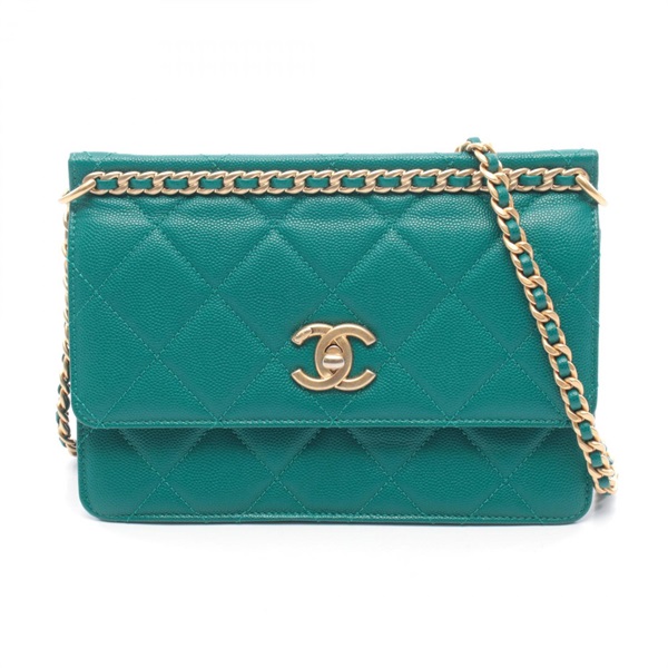 CHANEL Matelasse Chain Shoulder Bag Grained calf leather Green Used Women GHW CC