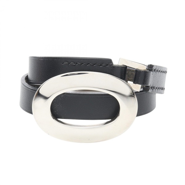 HERMES Double Tour Bracelet Swift leather Stainless Steel Black Used Women SHW