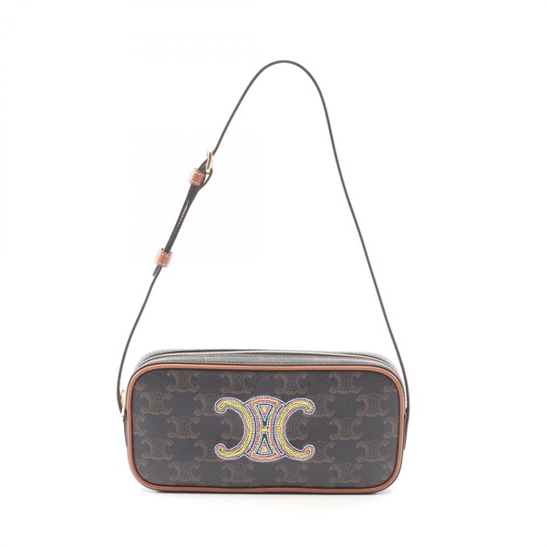 CELINE Cuir Triomphe Mini Camera Shoulder Bag canvas leather Black Brown Used