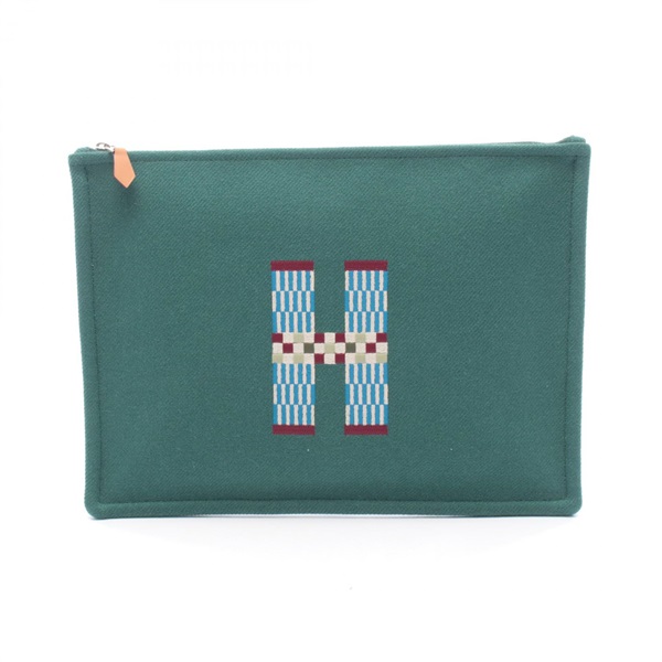 HERMES Flat Pouch GM H Natte Clutch Bag H103643M04 Wool Green SHW Women NEW