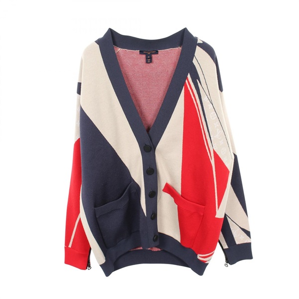LOUIS VUITTON Monogram cardigan Knitwear Rayon wool Beige Navy Red Used Women XS