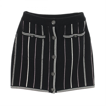 CHANEL COCO Mark Button Knit Mini Skirt #34 cashmere Black White Pink Used Women