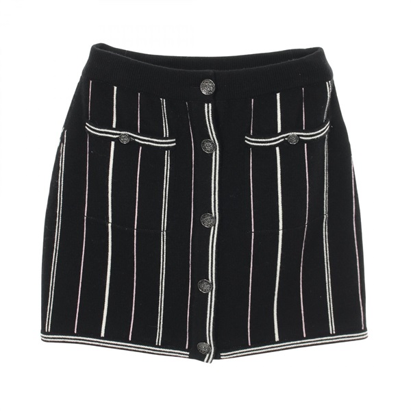 CHANEL COCO Mark Button Knit Mini Skirt #34 cashmere Black White Pink Used Women