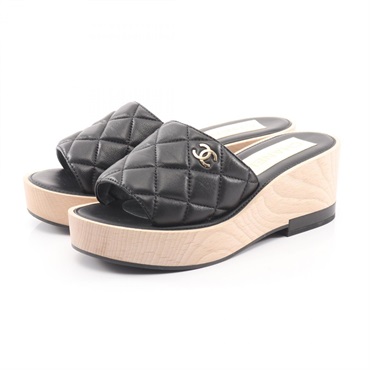 CHANEL Matelasse Platform Mule Sandal Shoes #37 leather Black Used Women CC