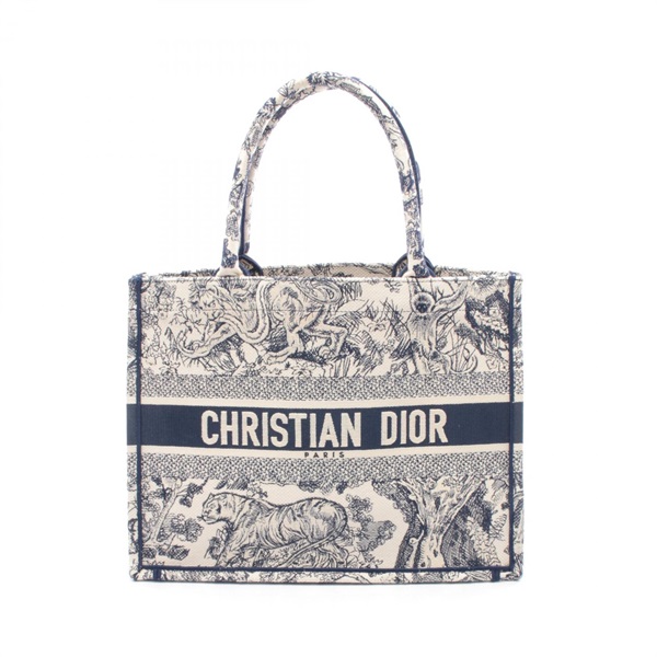 Christian Dior BOOK TOTE Medium hand Bag canvas Navy White jacquard Used women