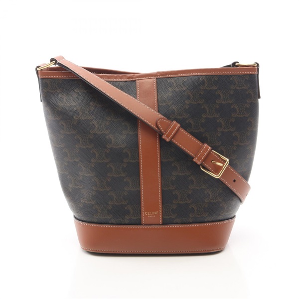 CELINE Small Bucket Triomphe Shoulder Bag canvas leather Black Brown Used Women