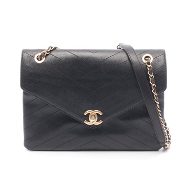 CHANEL Chevron V Stitch chain Shoulder Bag leather Black Used Women GHW