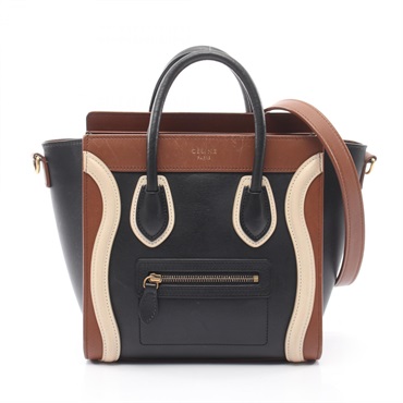CELINE Luggage Nano Shopper Shoulder Crossbody Handbag leather Black Brown Used