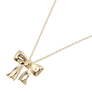 TIFFANY＆CO Blue Box Bow Large Necklace Pendant 46cm 18K Yellow Gold Used Women