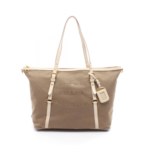 PRADA LOGO JACQUARD shoulder Tote Bag canvas leather brown Beige Used Women
