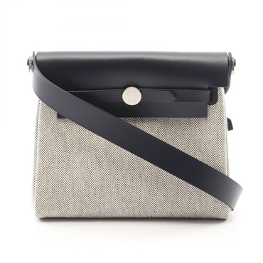HERMES Her Bag Zip Mini Shoulder Bag Toile H Hunter leather Beige Navy Used SHW