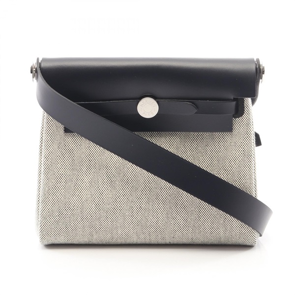 HERMES Her Bag Zip Mini Shoulder Bag Toile H Hunter leather Beige Navy Used SHW