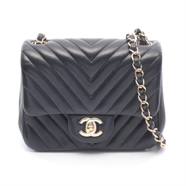 CHANEL Chevron V-Stitch Mini Chain Shoulder Bag Lamb leather Black Used GHW CC