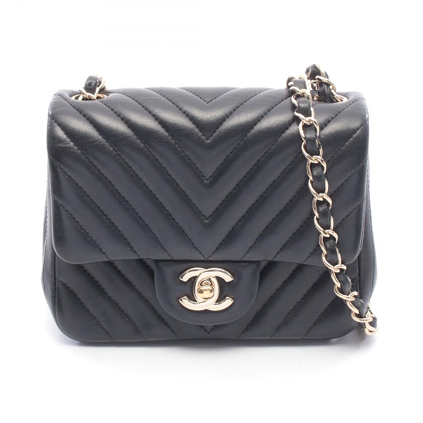 CHANEL Chevron V-Stitch Mini Chain Shoulder Bag Lamb leather Black Used GHW CC