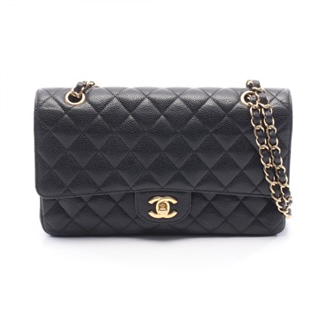 CHANEL Matelasse W flap chain Shoulder Bag Calfskin leather Black Used GHW