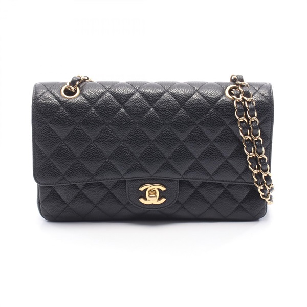 CHANEL Matelasse W flap chain Shoulder Bag Calfskin leather Black Used GHW