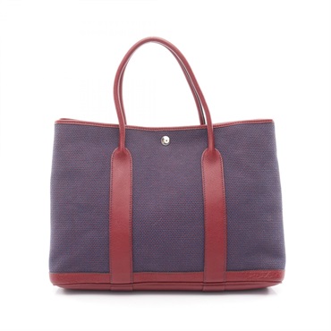 HERMES Garden Party PM Tote Bag Toile Criscross canvas Buffalo leather Navy used