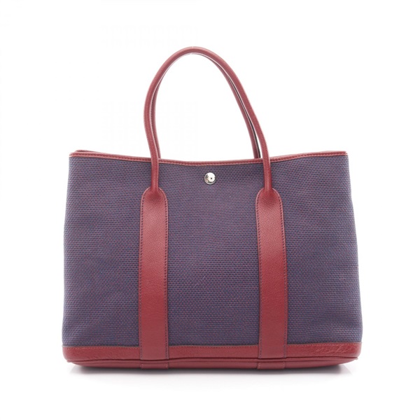 HERMES Garden Party PM Tote Bag Toile Criscross canvas Buffalo leather Navy used