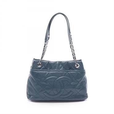 CHANEL Matelasse Chain shoulder Tote Bag Grained Calfskin leather Blue Used SHW