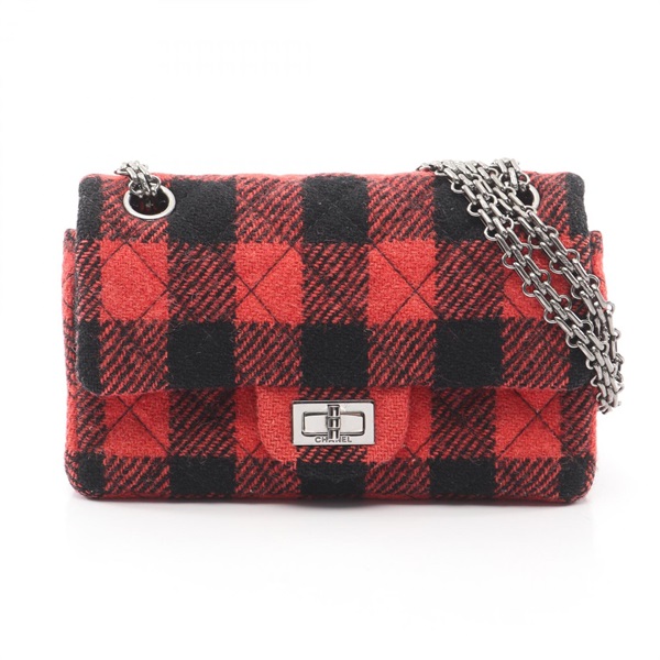 CHANEL 2.55 Matelasse Chain W Flap chain Shoulder Bag wool Red Black Used SHW