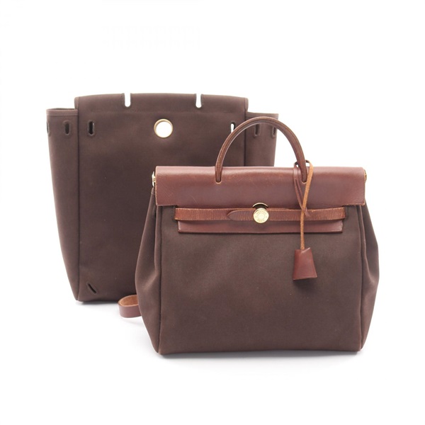HERMES Herbag Ad PM Rucksack Backpack Toile officier canvas leather Brown GHW G