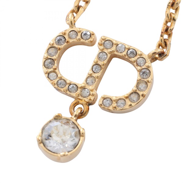 Christian Dior Petit CD Necklace Pendant Gold Plated Rhinestone Clear Used Women