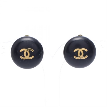 CHANEL COCO Mark Circle Round clip Earring Gold Plated Black Used Women CC