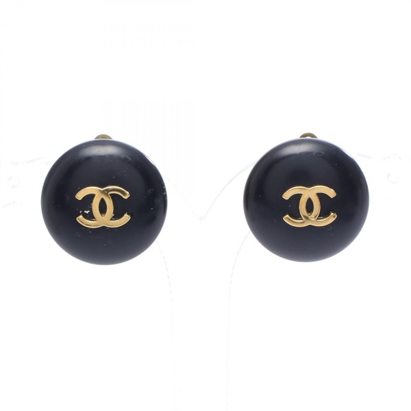 CHANEL COCO Mark Circle Round clip Earring Gold Plated Black Used Women CC